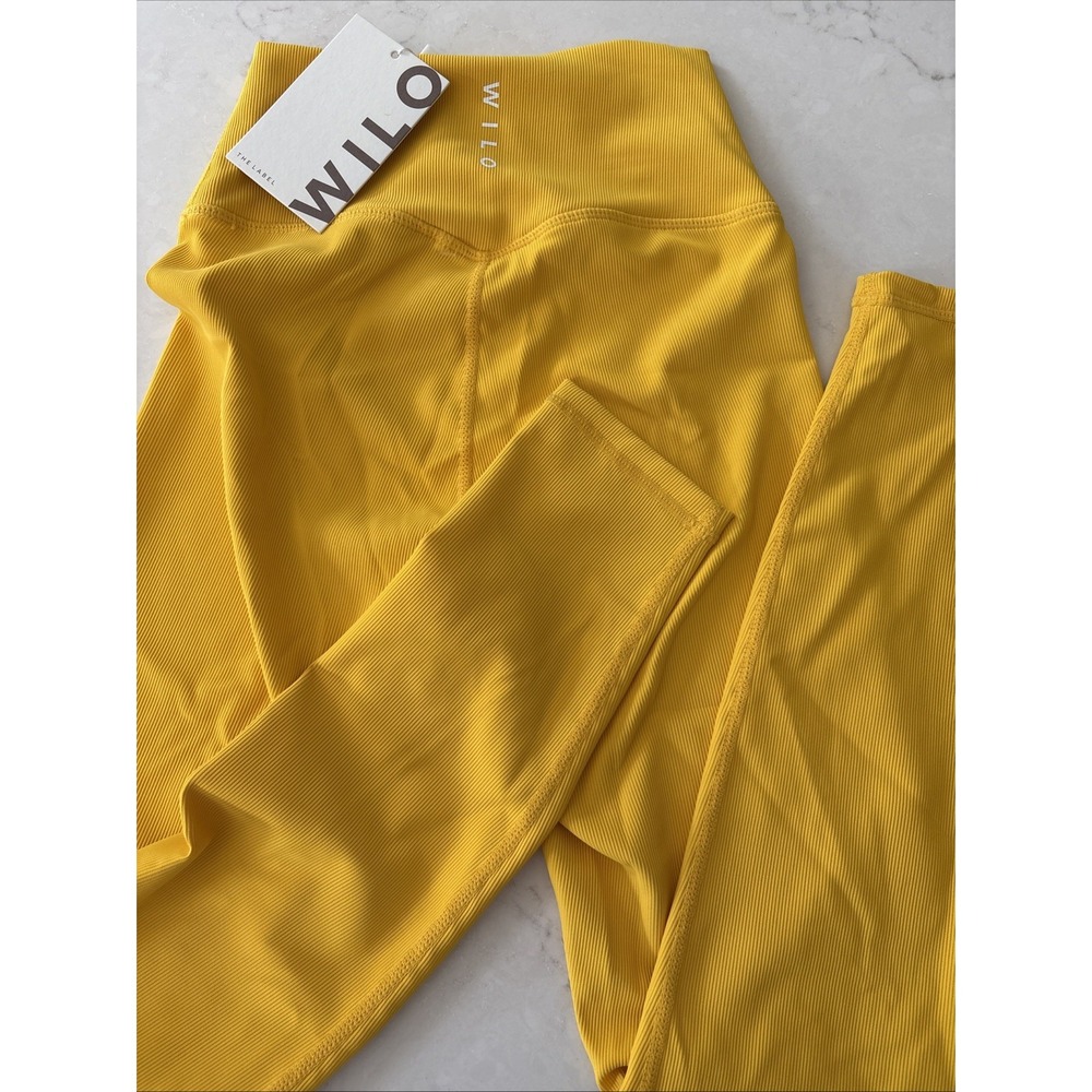 Wilo Leggings Womens XS Yellow High-Waist Rise Ribbed White Logo Yoga Pants